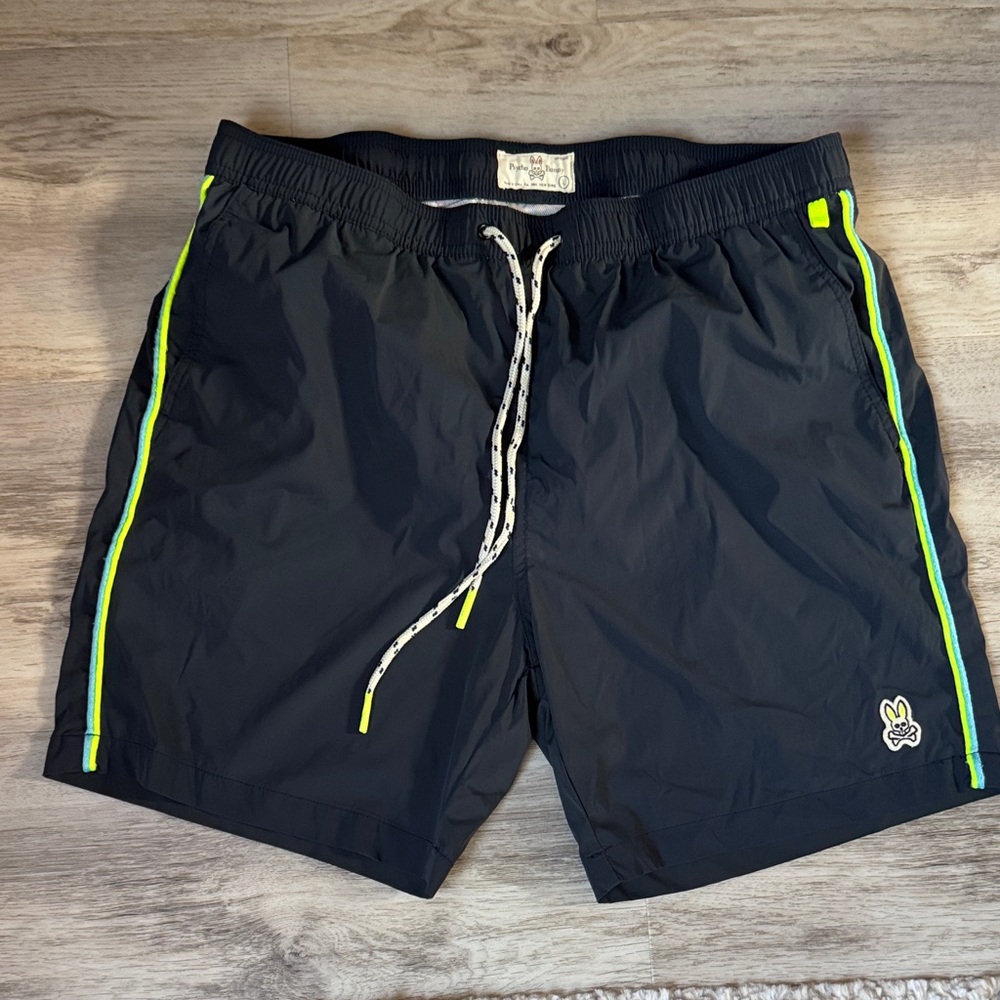 Psycho Bunny Black Swim Shorts with Neon Accents - Size Large